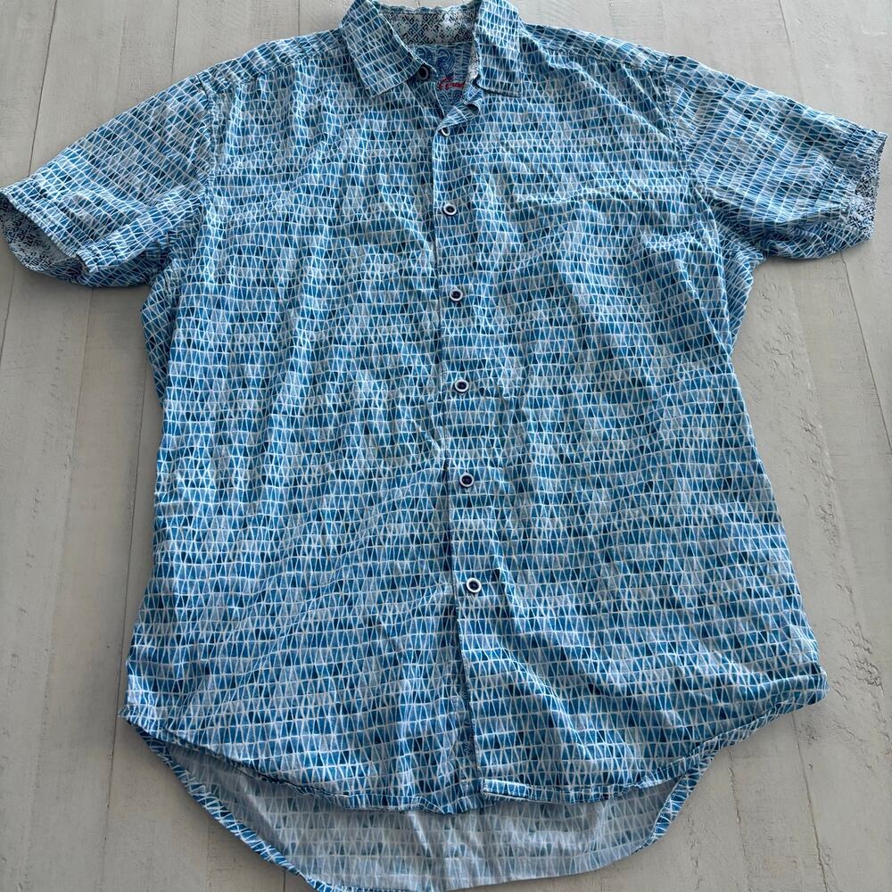 Robert Graham Pine Bluff Shirt Mens S Blue Flip Cuff Button Up Geo Stretch Camp
